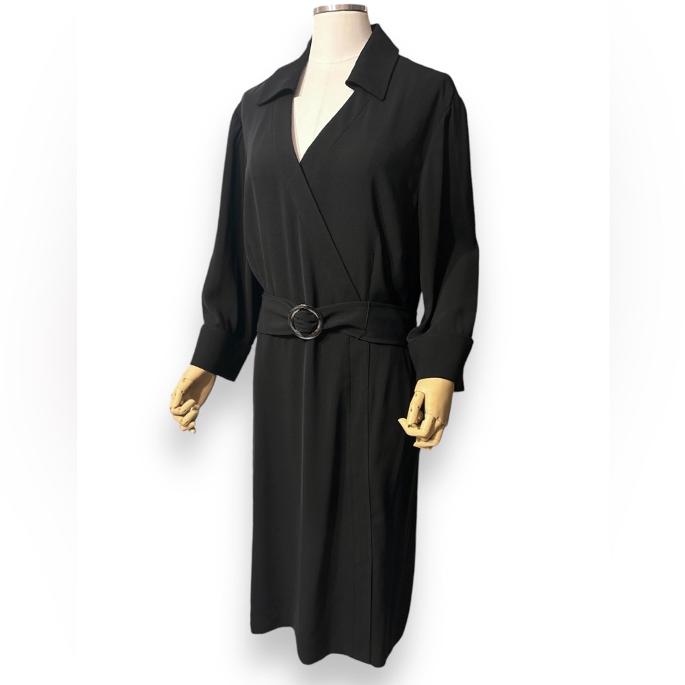 TAHARI ASL Black Collared Faux Wrap Dress with Belt